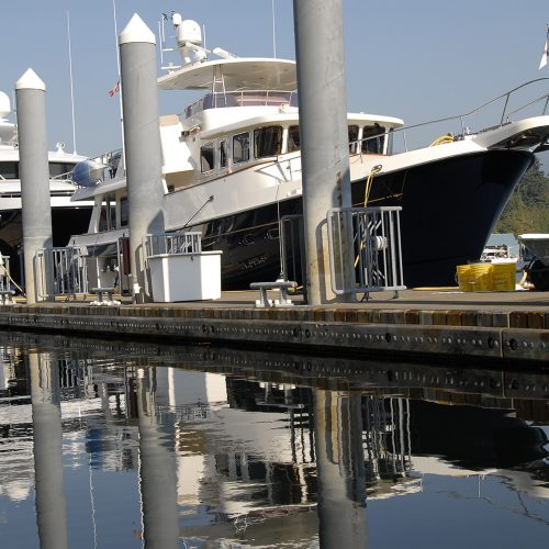 Superyachts feel right at home in this marina, with its array of amenities and breathtaking city view.